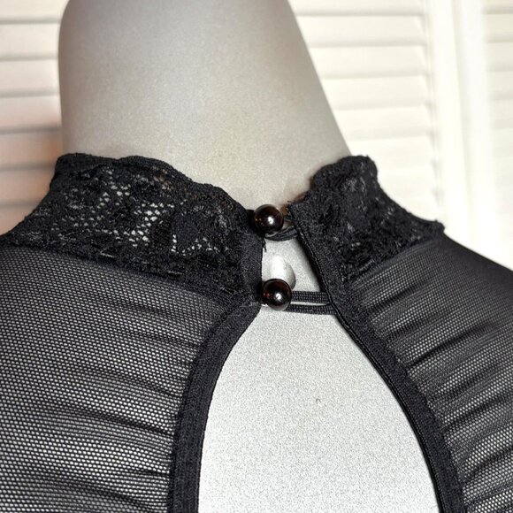 Vtg 90s Shirley of Hollywood Black Sheer Mesh Lace Teddy Bodysuit Long Sleeve S - Picture 8 of 8